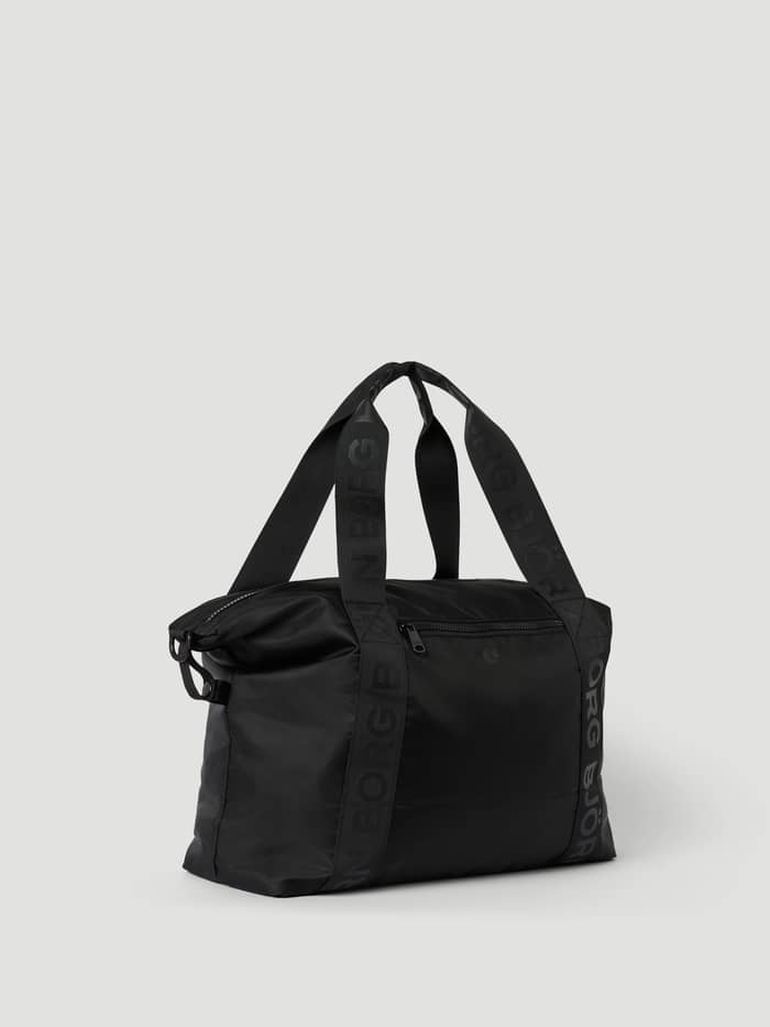 Side view of the Borg Classic Sports Bag 28L in Black Beauty (Black) with polyester and black branded straps for training. - Image 2