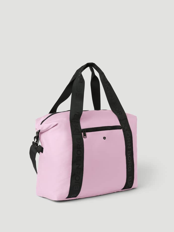 Borg Classic Sports Bag 28L in Pink Lady (Pink) for training with black branded webbing straps and front zip pocket.
