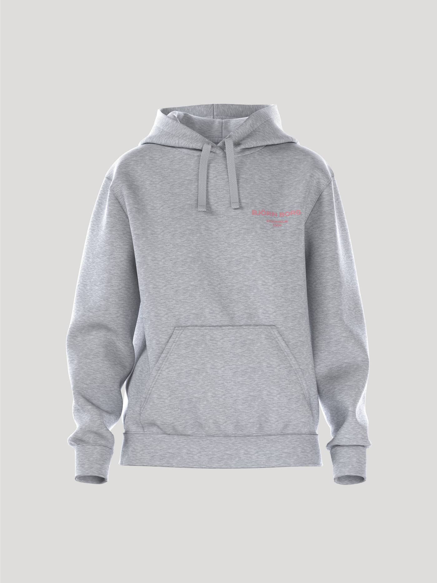 Front view of the Björn Borg Essential 1 Hoodie for women in Light Grey Melange (Grey) fleece with a loose fit and pink logo. - Image 1