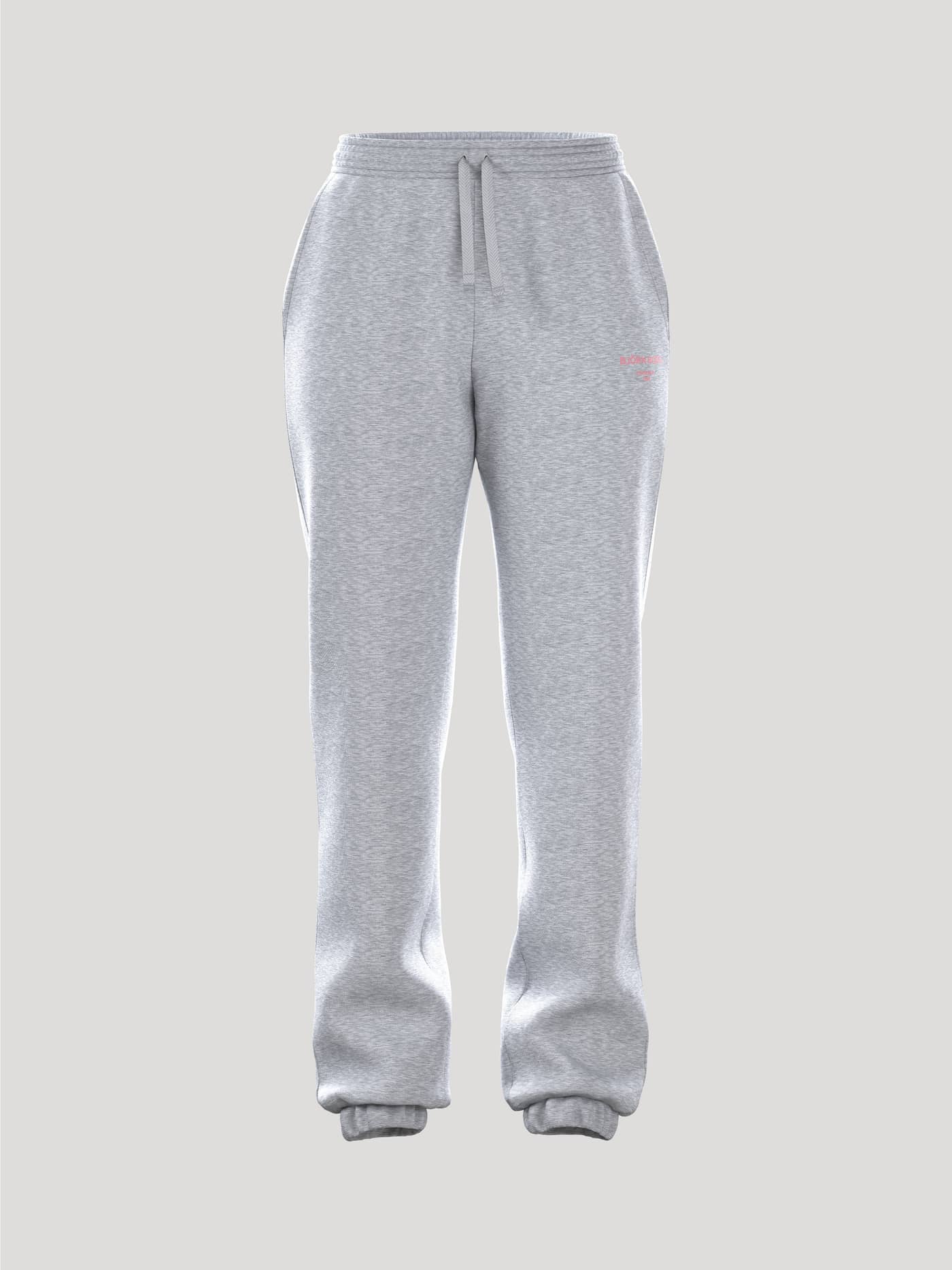 Front view of the Borg Essential 1 Pants in Light Grey Melange (Grey) showing the loose fit and a pink logo detail. - Image 1