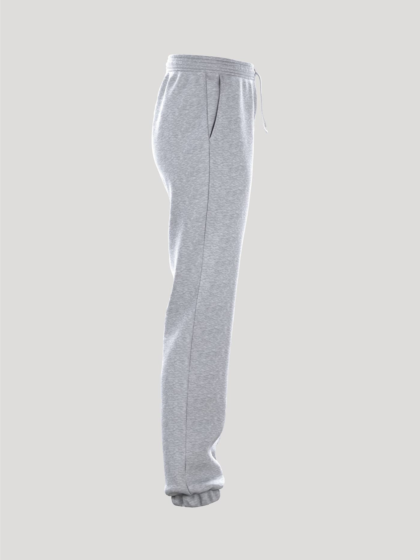 Side view of the Borg Essential 1 Pants in Light Grey Melange (Grey), featuring a loose fit and ribbed cuffs. - Image 3