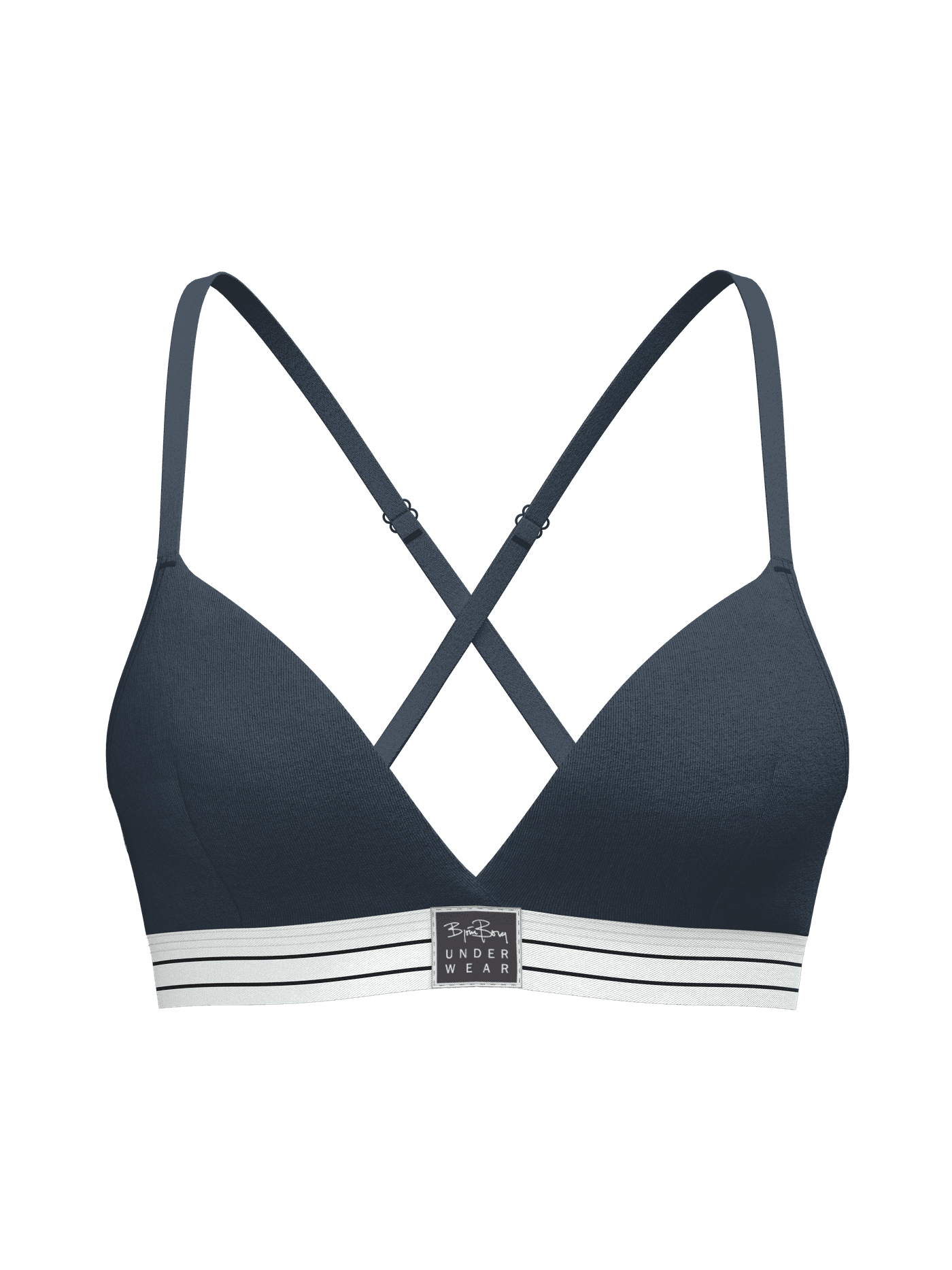 Front view of the Navy Core Original Triangle Bra 1-pack, with a striped waistband, black logo label, and organic cotton fit. - Image 1