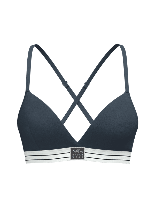 Vorderansicht des Core Original Triangle Bra 1-pack in Blau aus Bio-Baumwolle mit gestreiftem Bund und schwarzem Logo-Label.