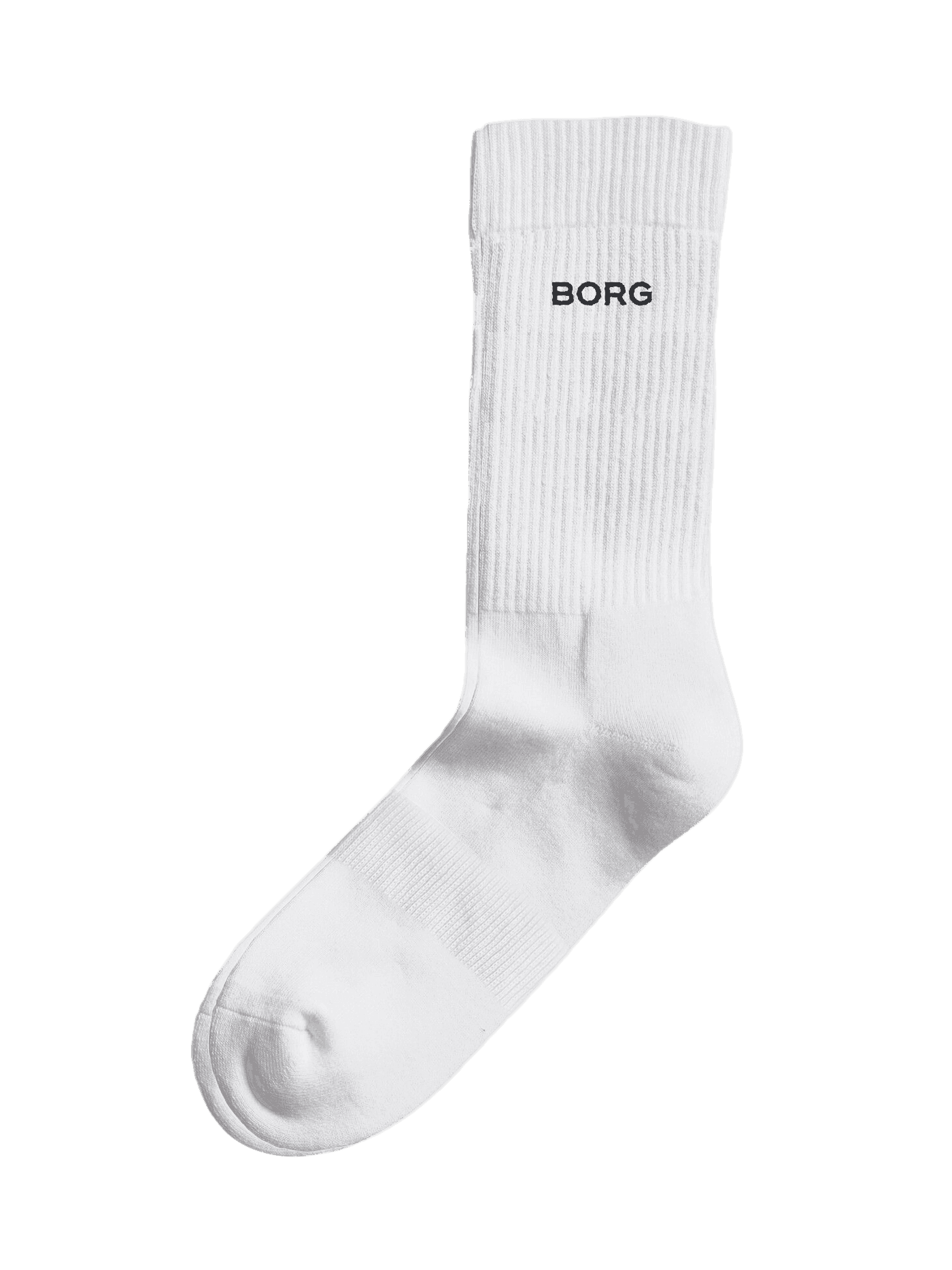 White Essential Crew Socks 3-pack featuring a ribbed cuff and a black BORG logo for training comfort. - Image 2