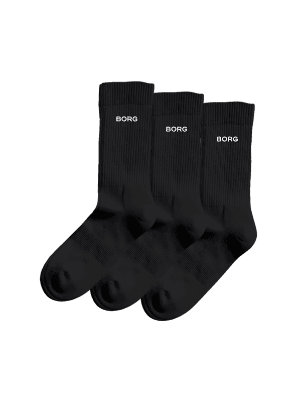 Björn Borg Essential Crew Sock 3-pack in Black featuring a white BORG logo on the ribbed cuff for training.