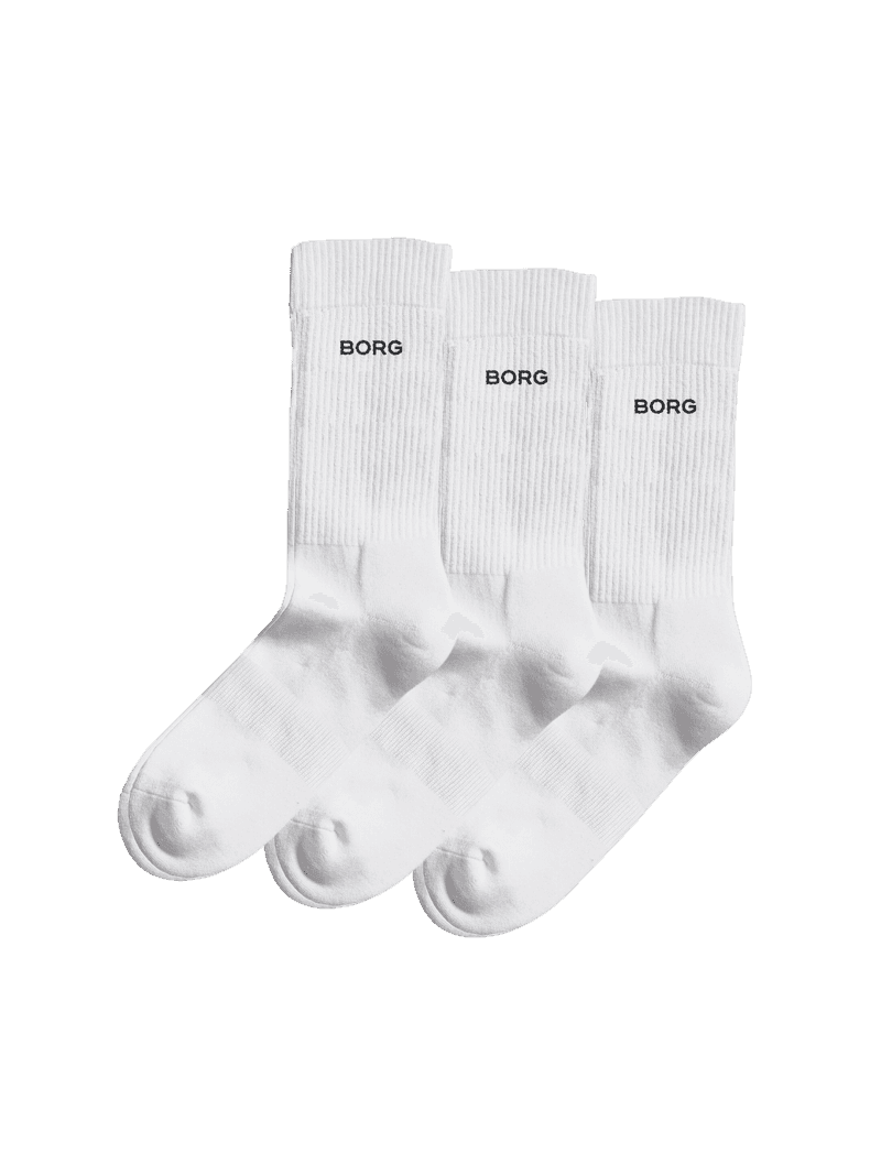 Witte Essential Crew Socks 3-pack van een katoenmix met een zwart BORG-logo en geribbelde boorden voor training.