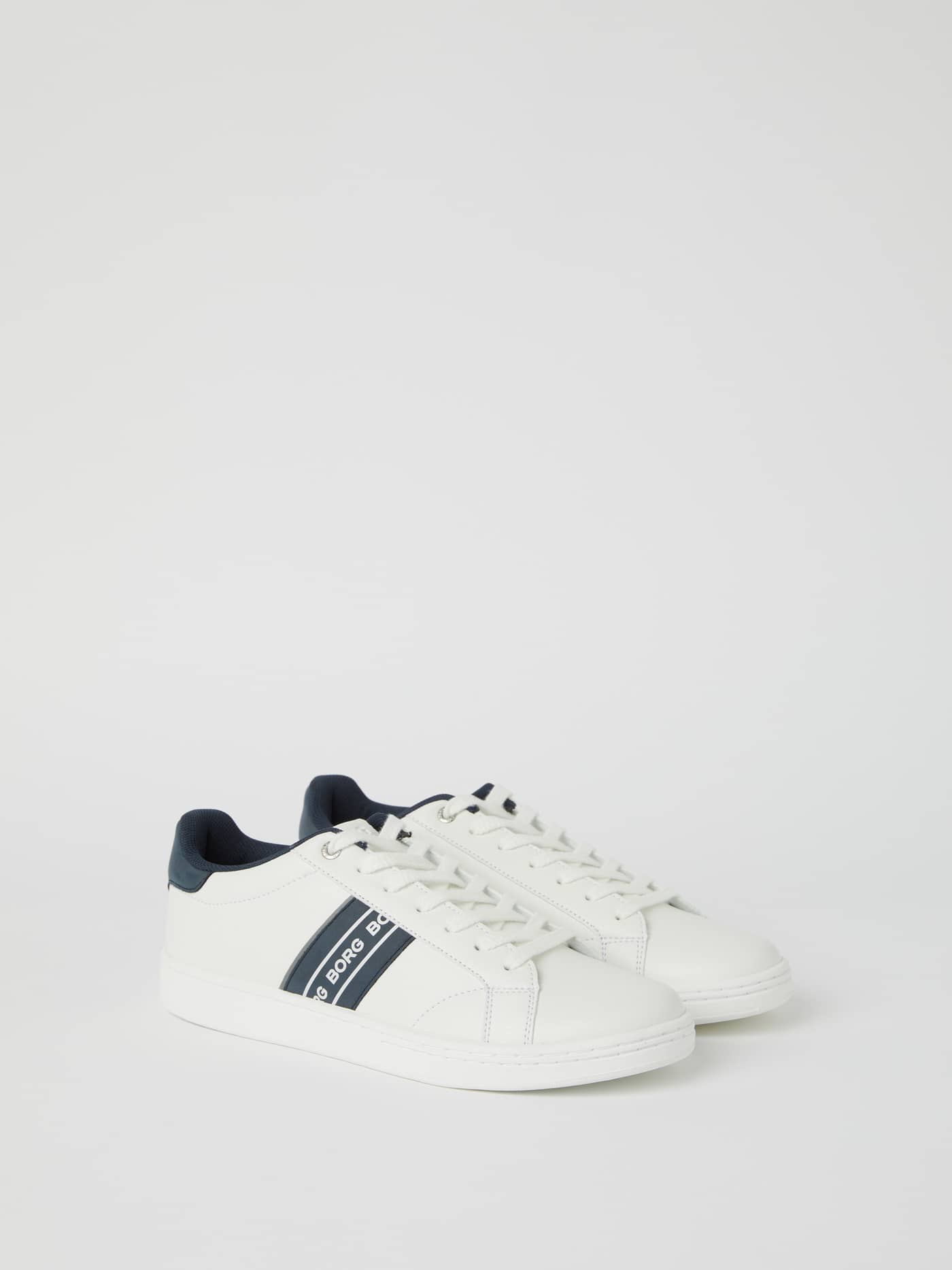 White Men’s Sneakers T470 in synthetic leather with a tennis-inspired low-top design and a navy stripe with a white logo. - Image 1