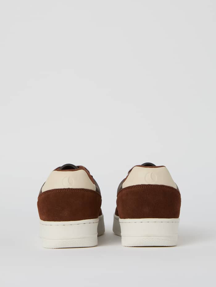 Back view of the Brown Men's Line Sneakers, featuring a tennis-inspired style with suede and a functional rubber sole. - Image 2