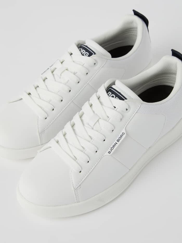 Men’s Sneakers T2600 in White featuring a tennis-inspired synthetic leather design and navy blue logo details. - Image 2