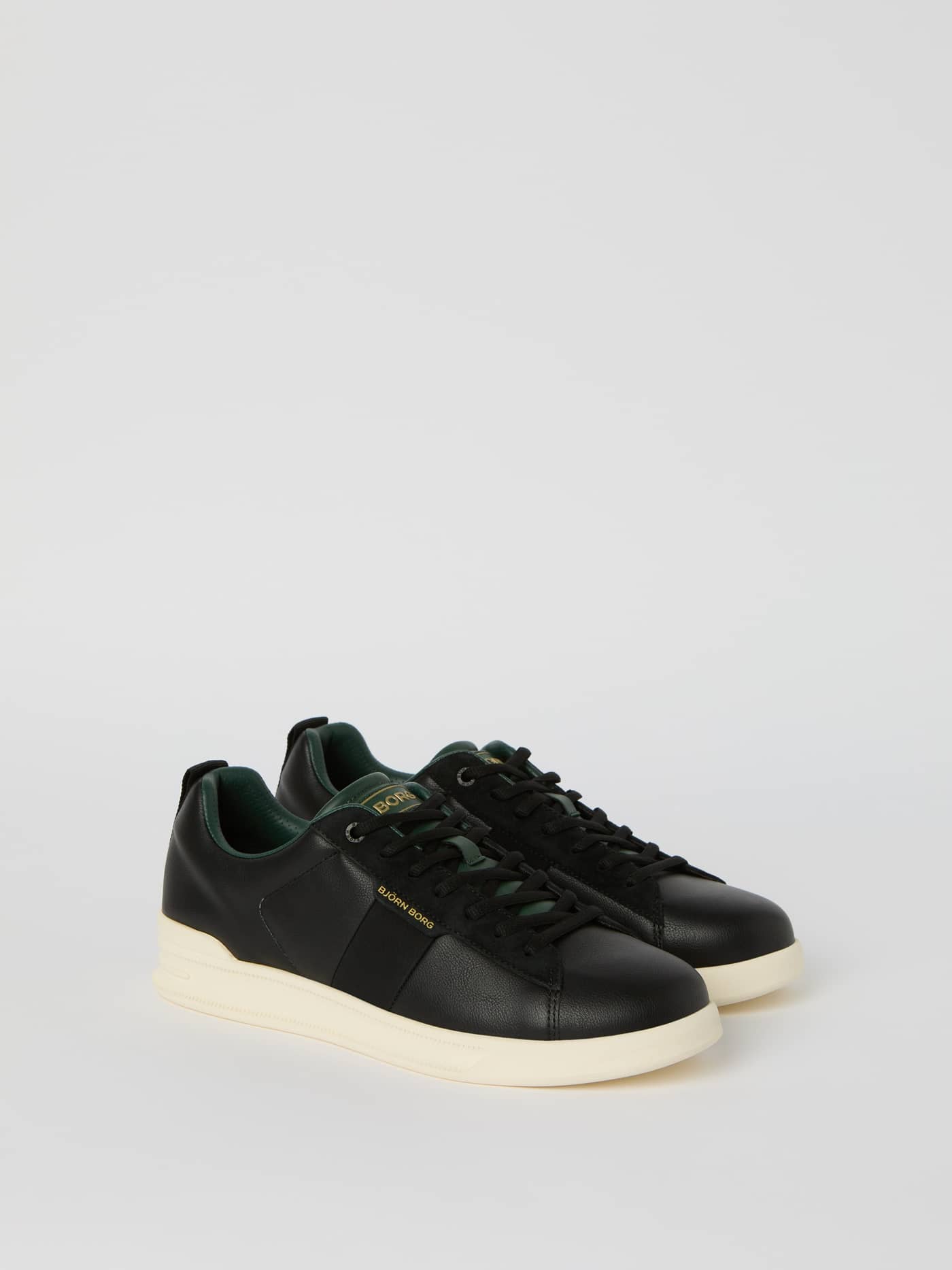 Men's Set Sneakers i svart syntetiskt läder med mockadetaljer, tennisinspirerad stil, funktion och guldfärgad logotyp. - Image 1