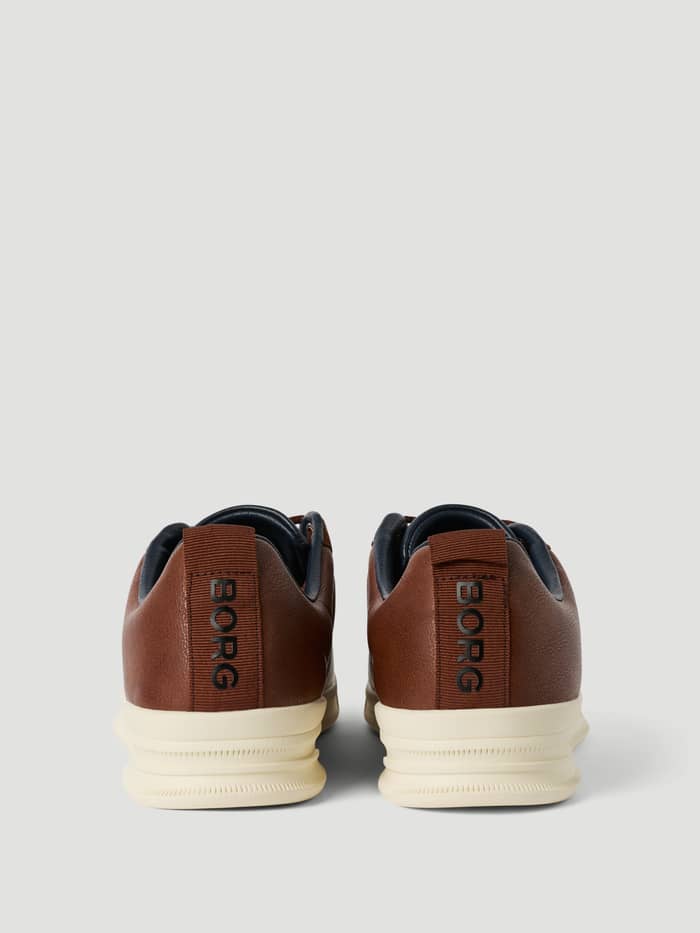 Back view of the tennis-inspired Men's Set Sneakers in Brown, crafted from synthetic leather with a navy BORG logo. - Image 2