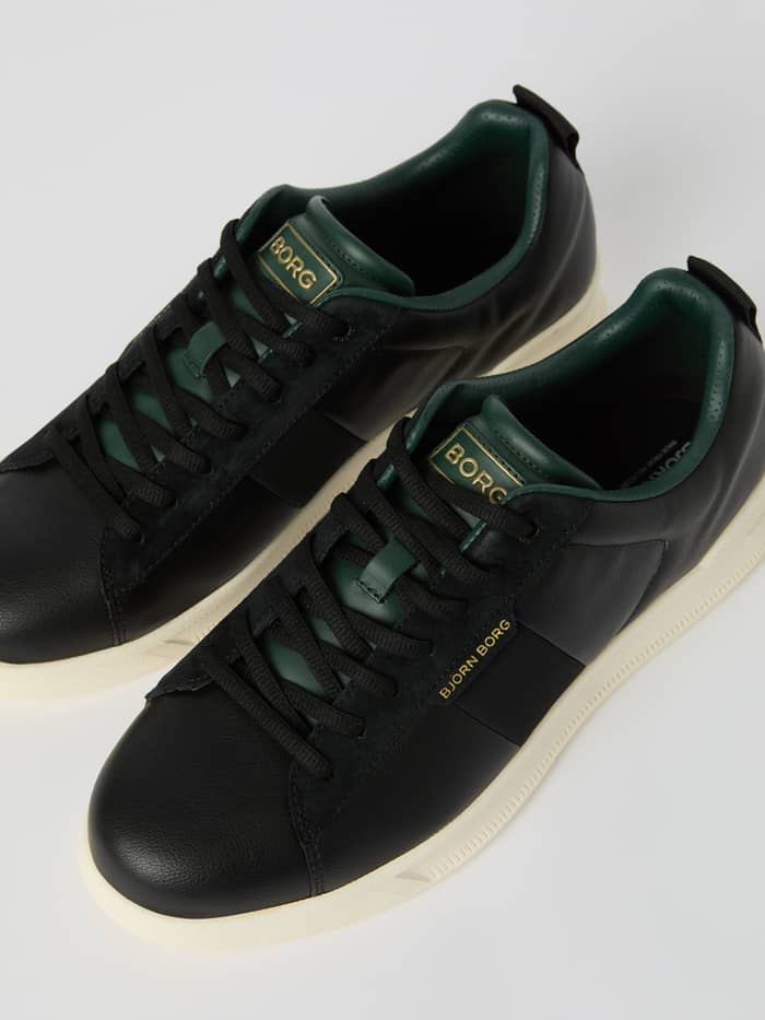 Zwarte Men's Set Sneakers van synthetisch leer en suède in een functionele tennisstijl met gouden logo's, bovenaanzicht. - Image 3