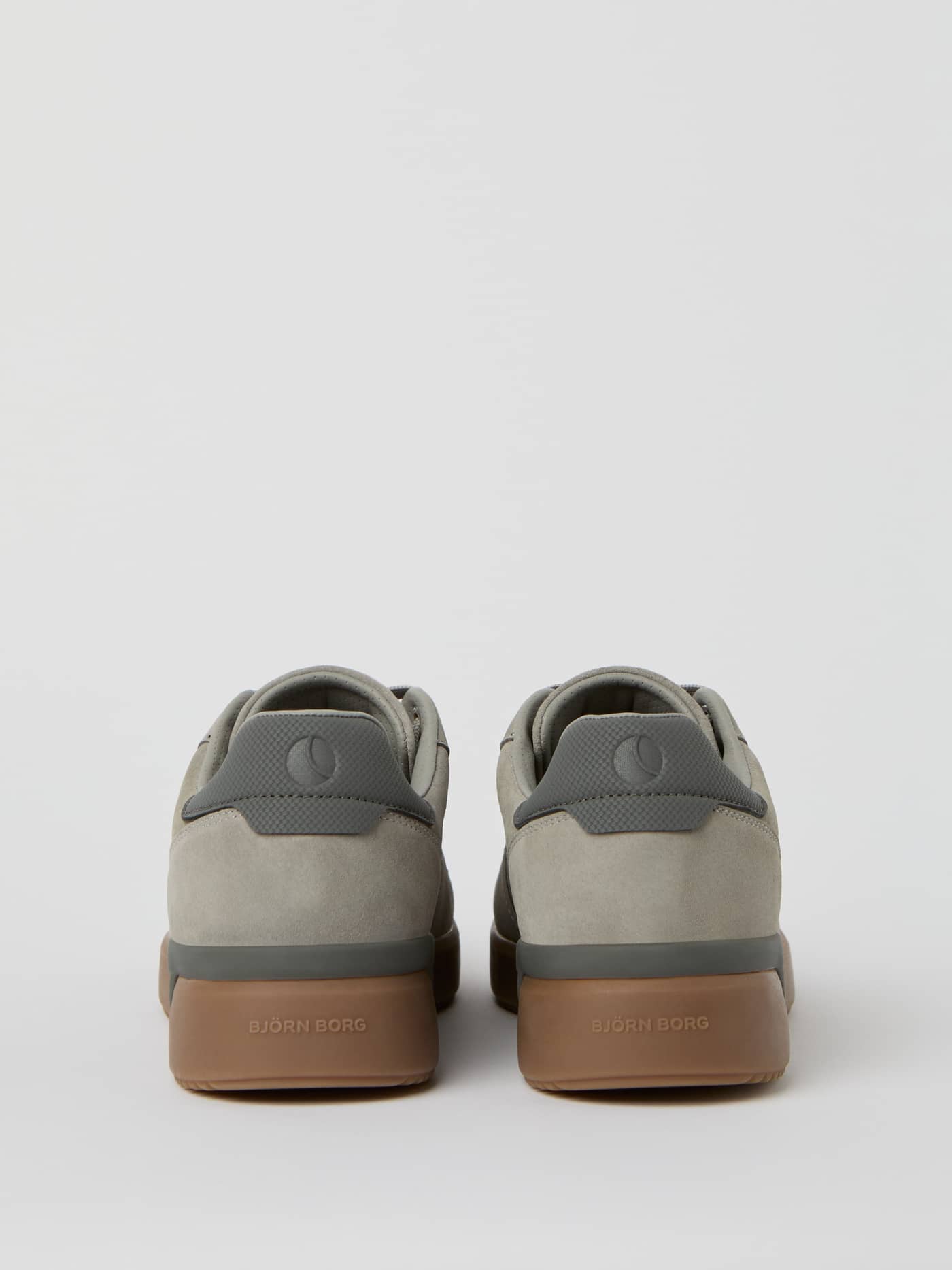 Back view of Grey Men's Spin Sneakers in suede with tonal grey logos and rubber soles for tennis-inspired style. - Image 3