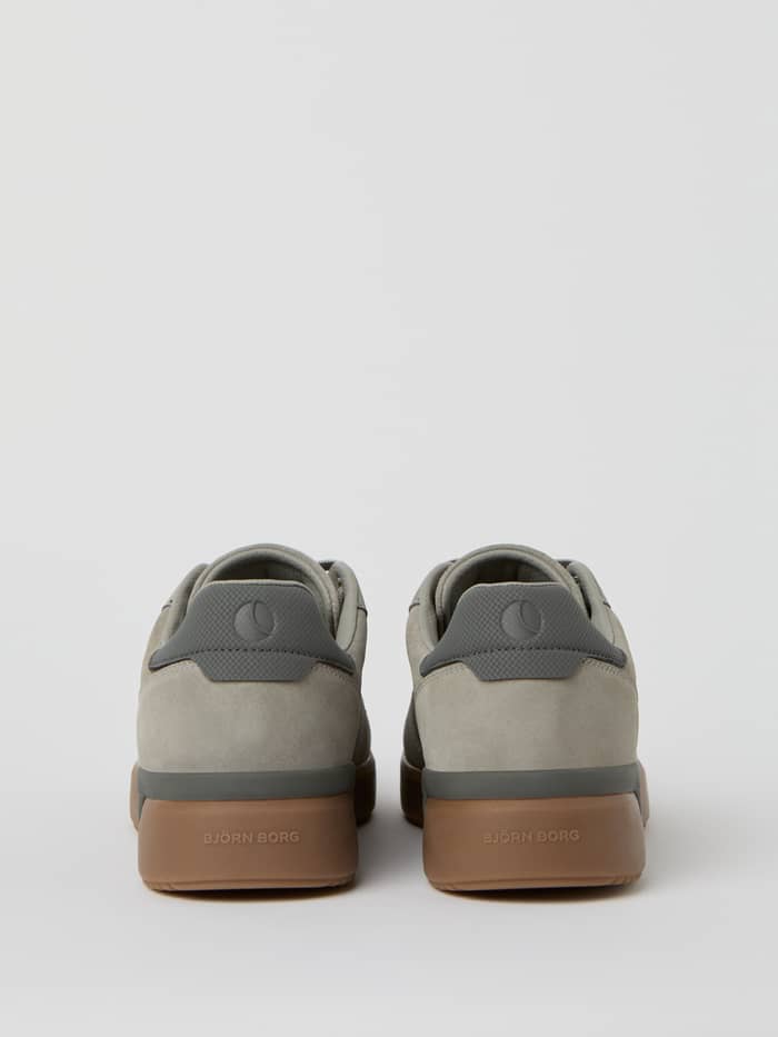 Back view of Grey Men's Spin Sneakers in suede with tonal grey logos and rubber soles for tennis-inspired style. - Image 3