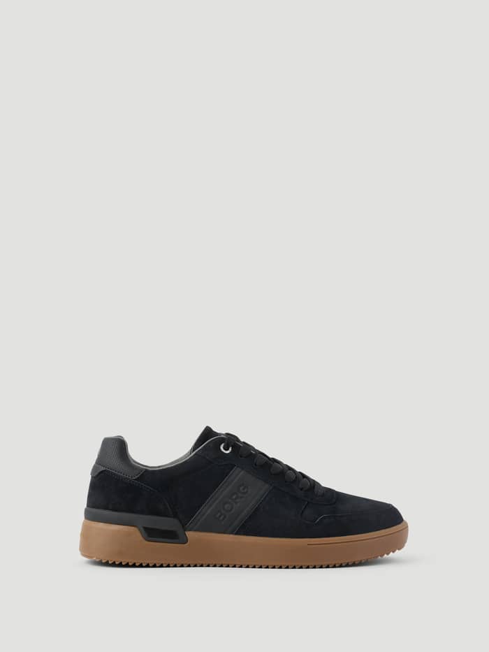 Men's Spin Sneakers in Black suede feature a refined tennis silhouette with a contrast gum sole and embossed side logo.