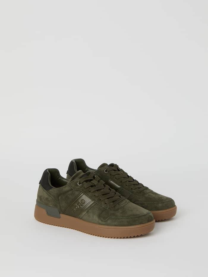 Men's Spin Sneakers in Green, featuring a brushed suede finish, green embossed logo, and functional rubber sole for tennis.