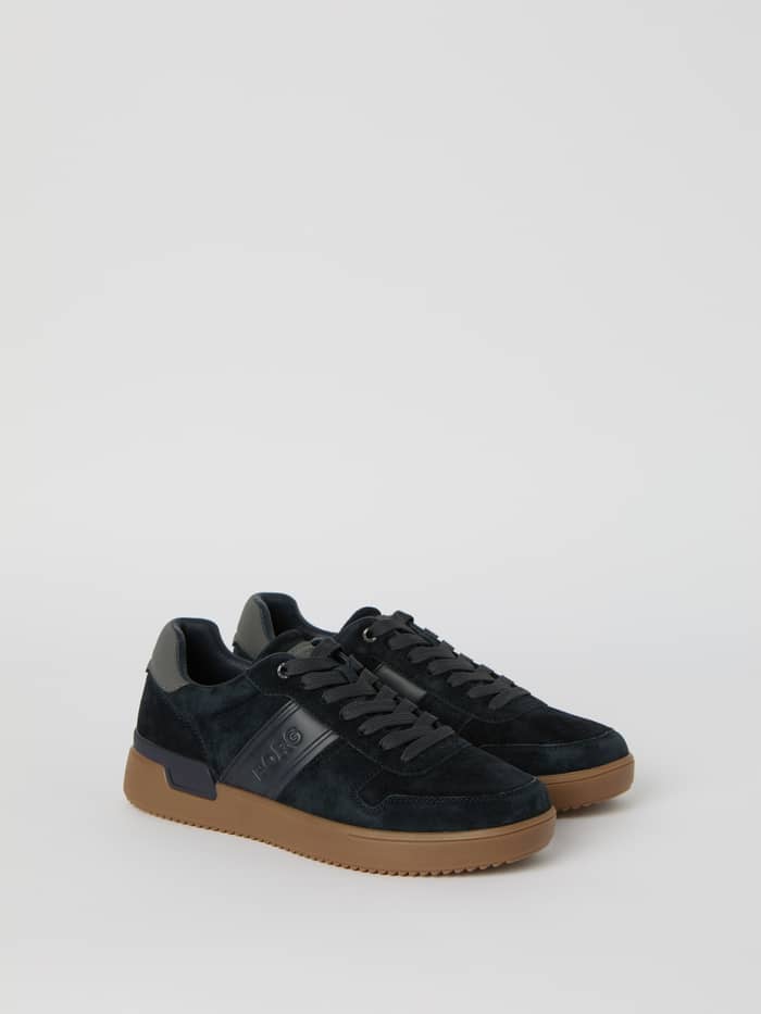 Men's Spin Sneakers in Navy featuring soft suede, a gum rubber sole, and a tennis-inspired design with a navy BORG logo.