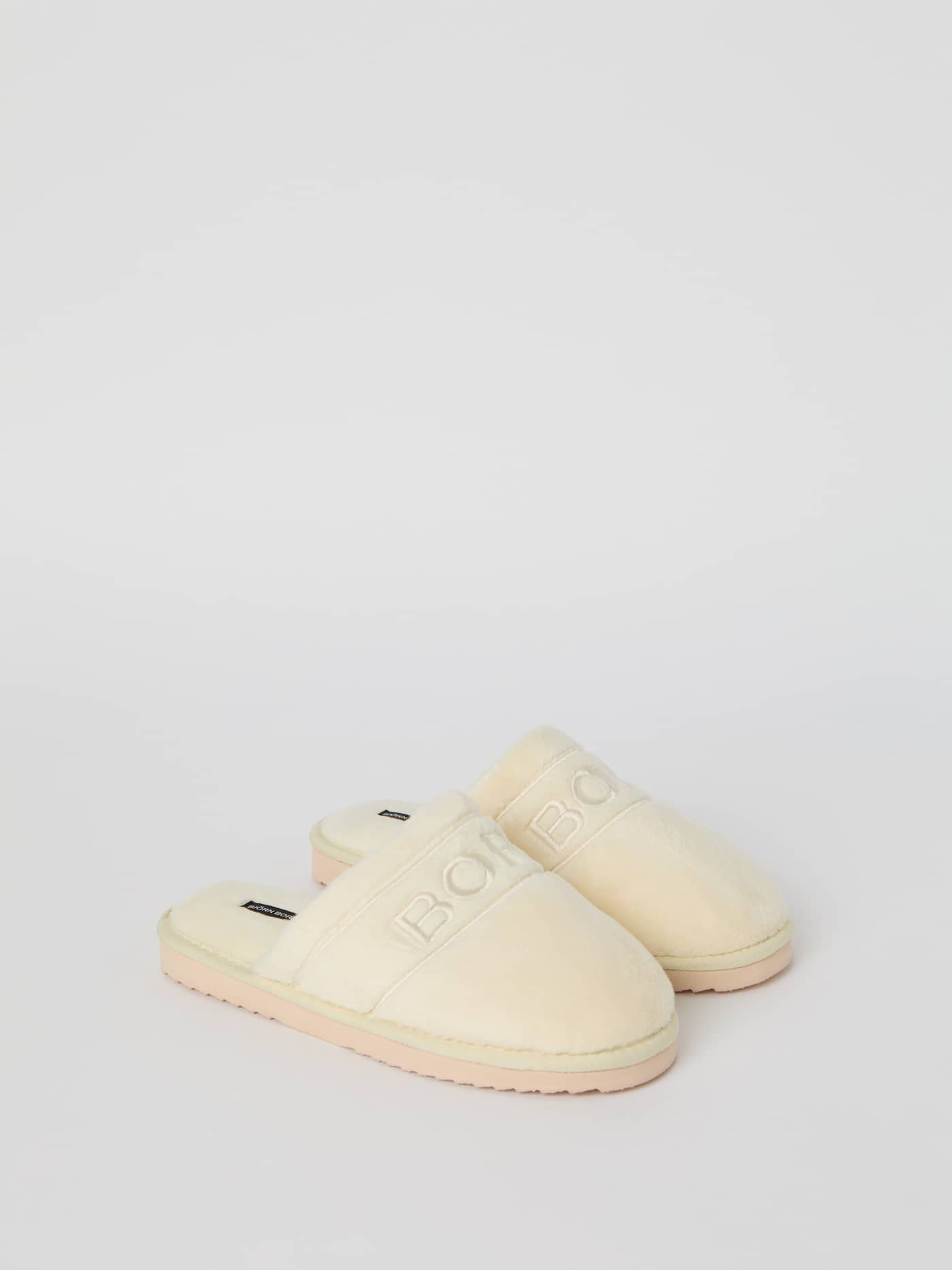 Beige Women's Slippers Homy with a comfortable slip-on fit, soft silky feel and a matching beige embroidered Borg logo. - Image 2