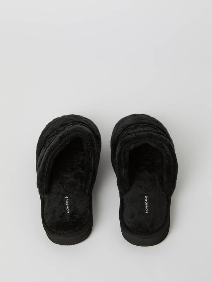 Zwarte Women's Slippers Homy van zacht polyester met een comfortabele pasvorm en wit logodetail, bovenaanzicht. - Image 2