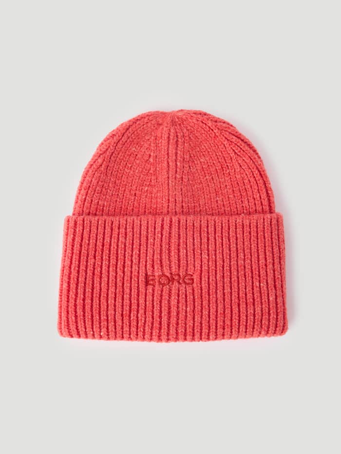 Studio Beanie in Flame Scarlet (Rood) met gebreide textuur, omgeslagen rand en tonaal geborduurd Borg-logo.