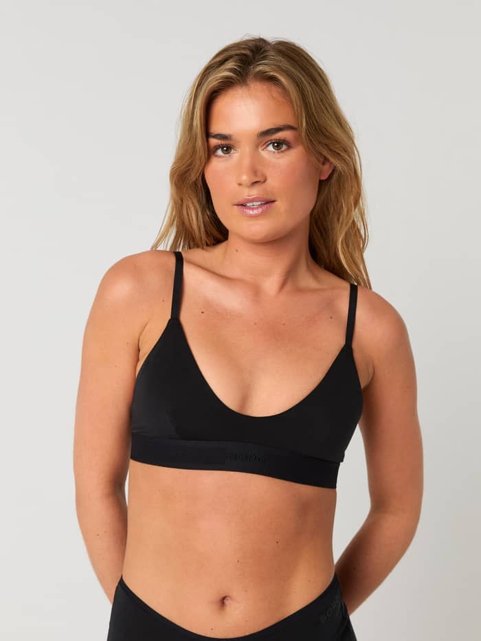 Zwarte Core Lyocell Bra voor dames met een zachte, comfortabele pasvorm en elastische logoband, vooraanzicht. - Image 2