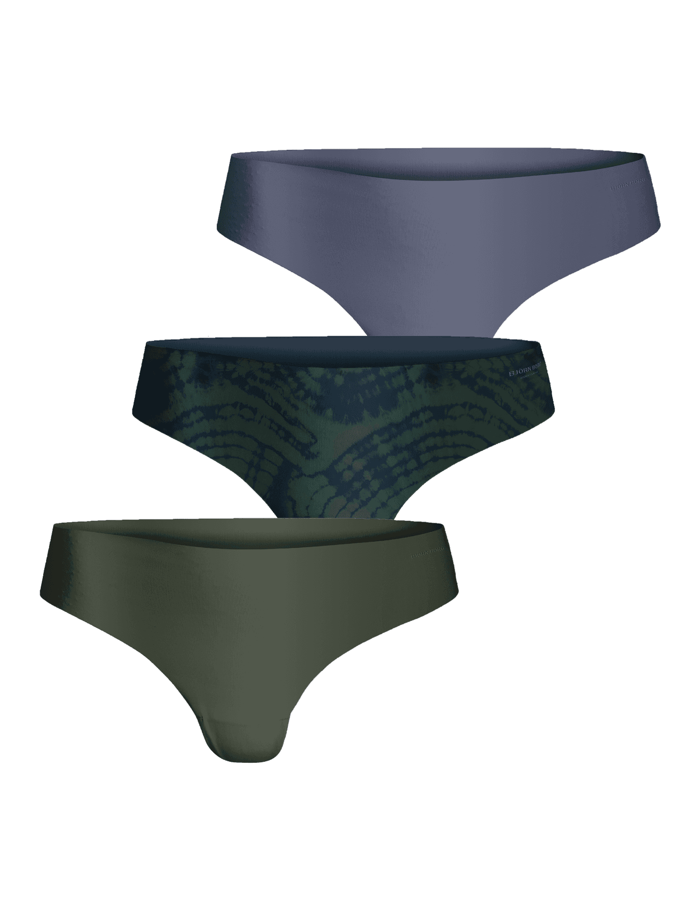 Björn Borg Performance Thong 3-pack in blue, green and printed pattern for women, with laser-cut edges and training fit. - Image 1
