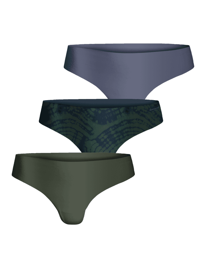 Performance Thong 3-pack voor dames in blauw, groen en print met lasergesneden randen en een pasvorm voor training.