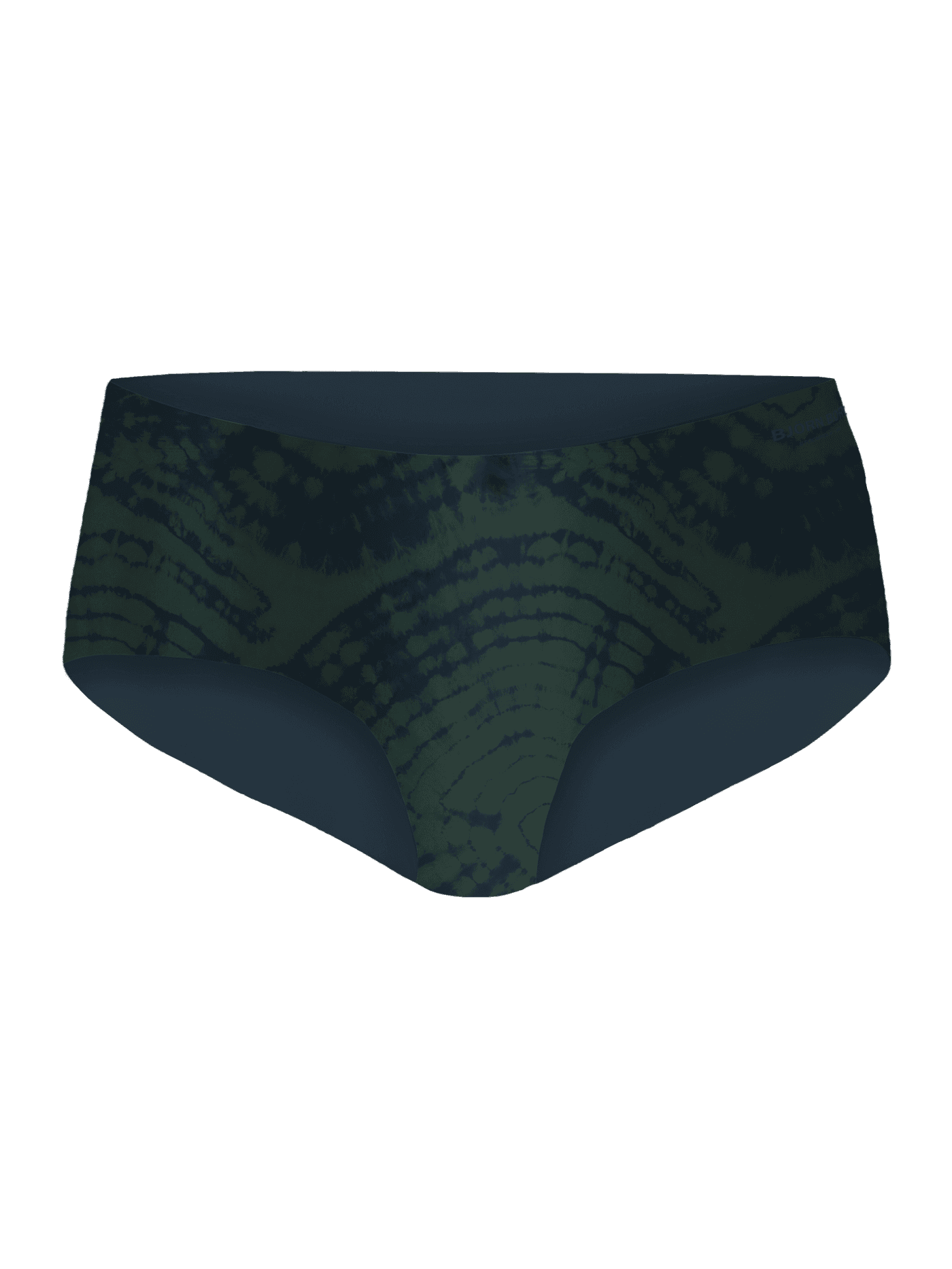 Vista frontal del Performance Hipster 3-pack con estampado tie-dye verde y azul, logotipo oscuro y ajuste de entrenamiento. - Image 3