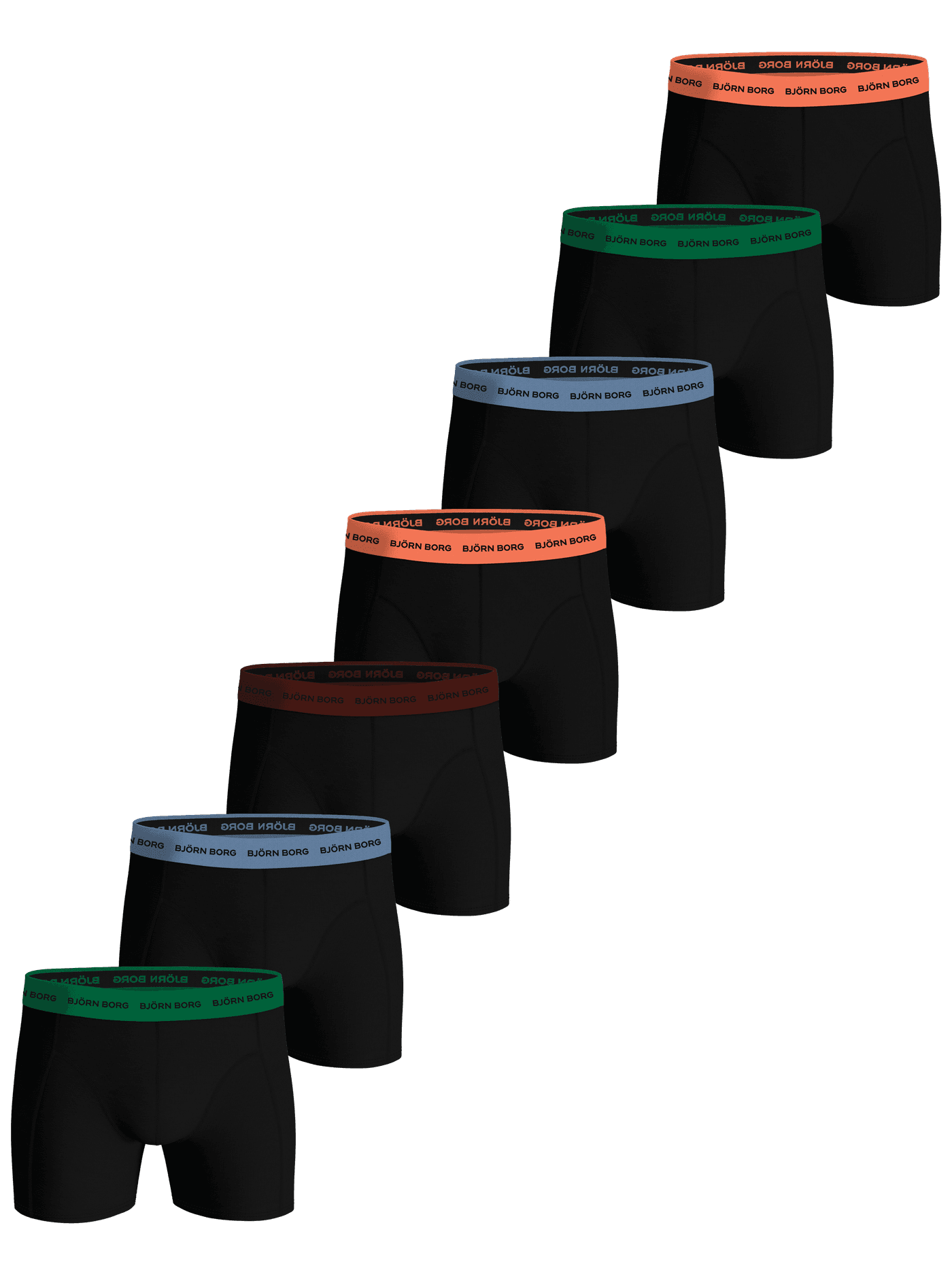 Björn Borg Cotton Stretch Boxer 7-pack of black boxer briefs with waistbands in green, blue, orange, and red for style. - Image 1