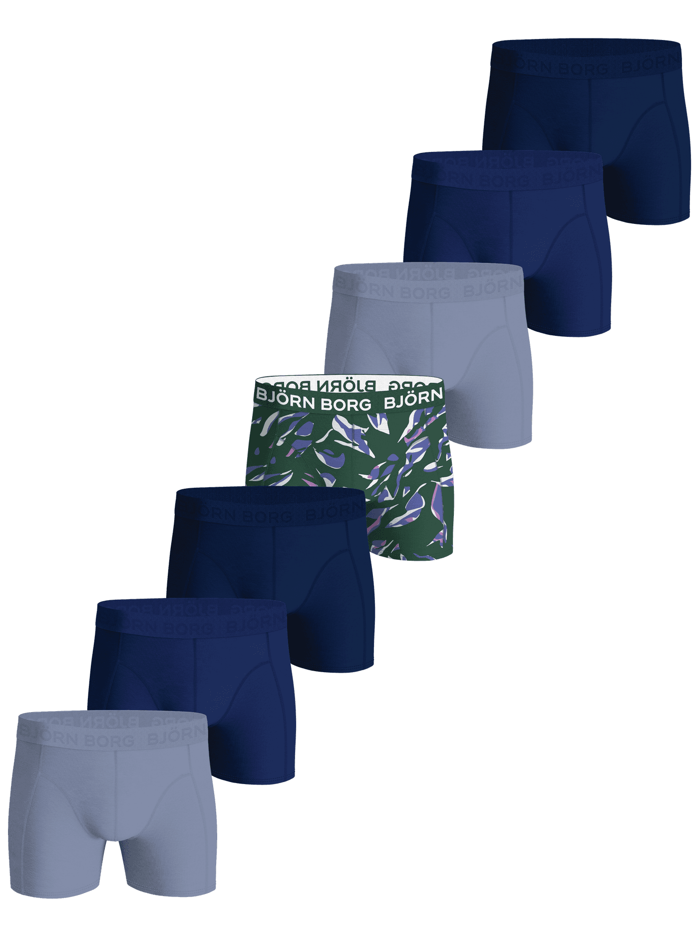 Cotton Stretch Boxer 7-pack: Boxer Briefs in Blau, Navy und grünem Muster aus Baumwollstretch mit weißen und tonalen Logos. - Image 1