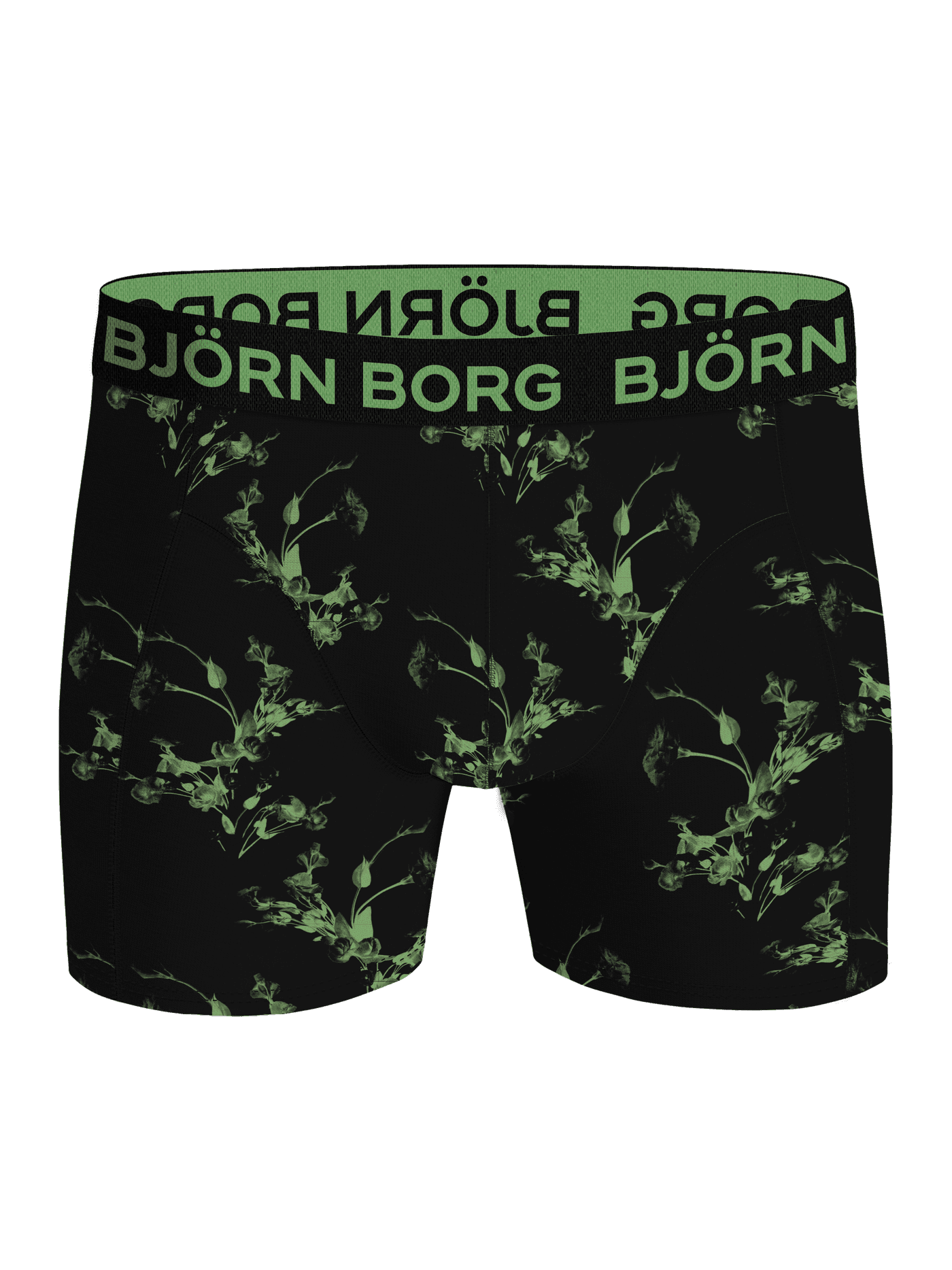 Vista frontal del Cotton Stretch Boxer 3-pack para hombre con estampado floral negro y verde y logotipo verde. - Image 3