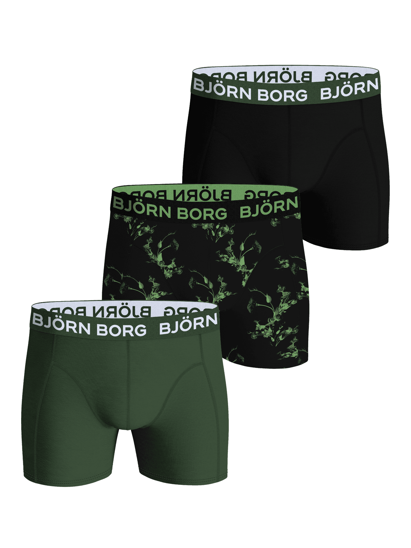 Cotton Stretch Boxer 3-pack in green, black and floral print featuring soft cotton boxer briefs with white and green logos. - Image 1