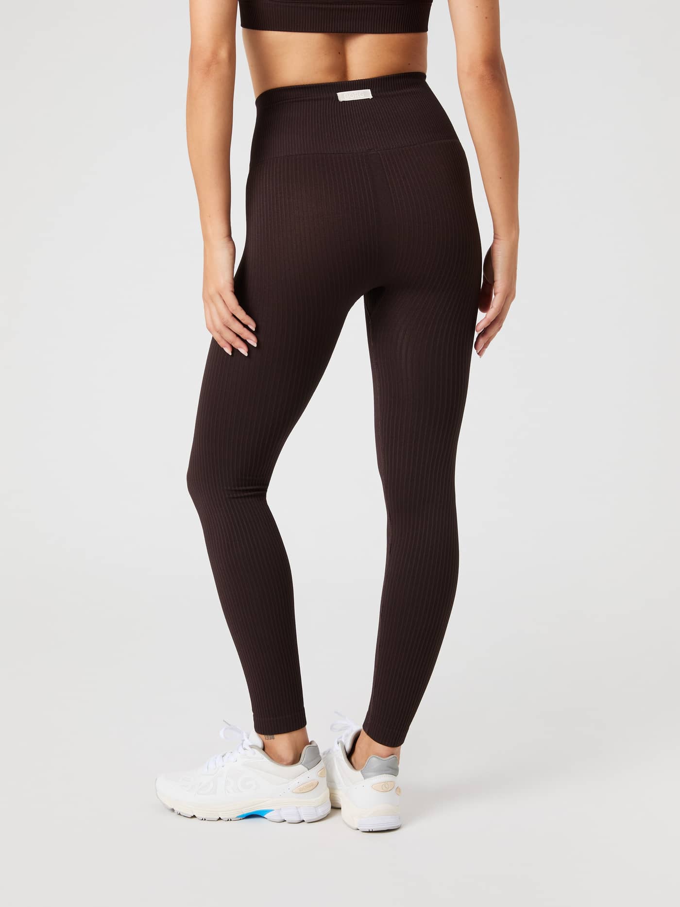 Björn Borg Studio Seamless Ribbed Tights in Molé (Bruin) in achteraanzicht, een geribde legging voor training. - Image 3