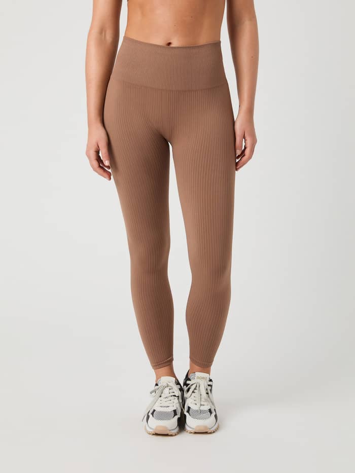 Front view of a model wearing the Björn Borg Studio Seamless Ribbed Tights in Acorn.