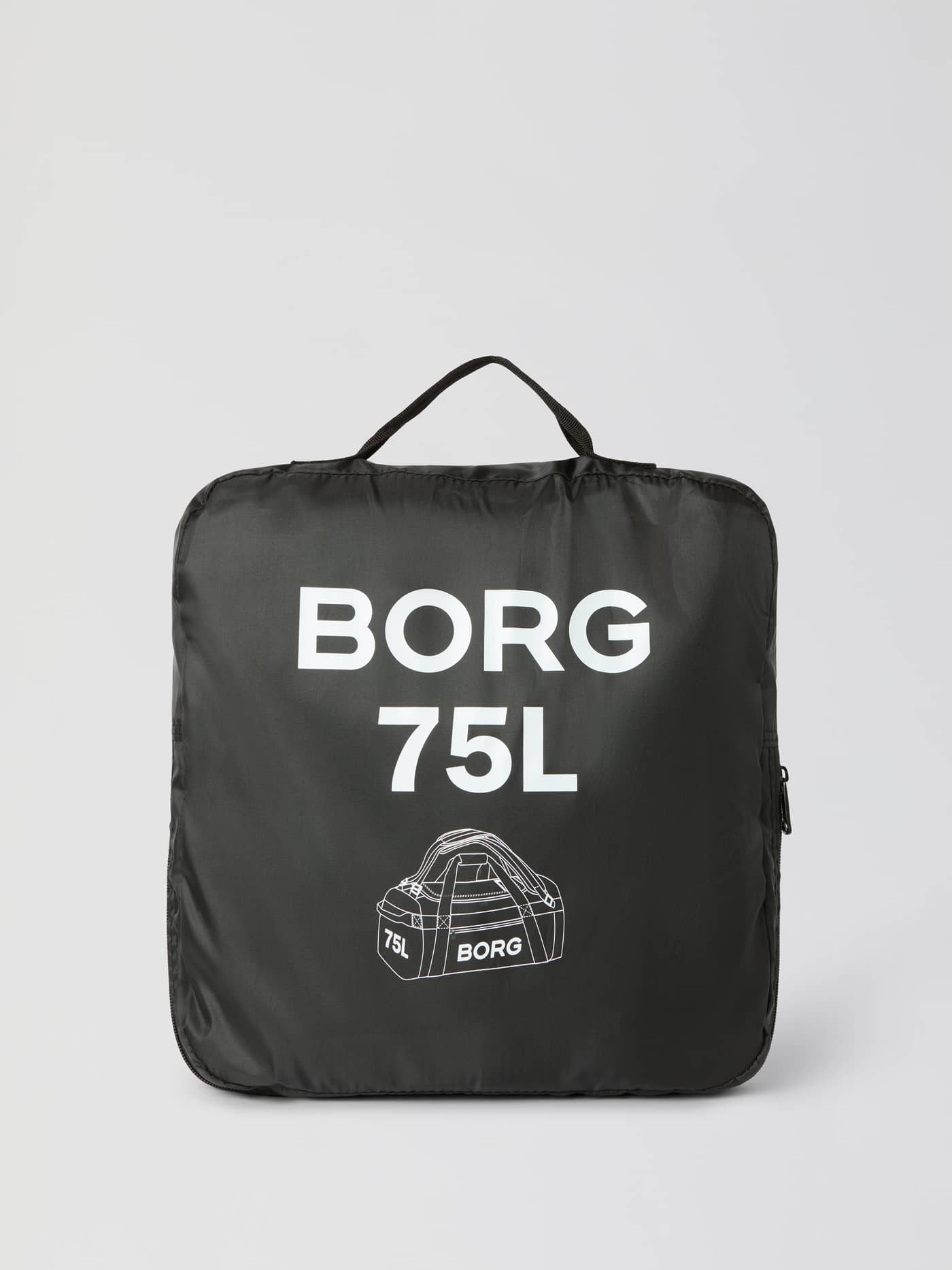 Borg Duffle Bag 75L storage pouch in Black Beauty (Black) with a white logo and a durable TPE-coated material. - Image 5