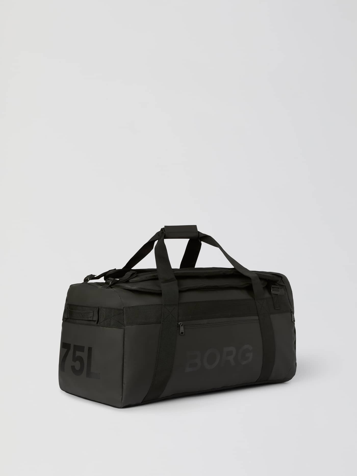 The Borg Duffle Bag 75L in Black Beauty (Black) features a sturdy coated material, tonal logo, and large 75L side print. - Image 3