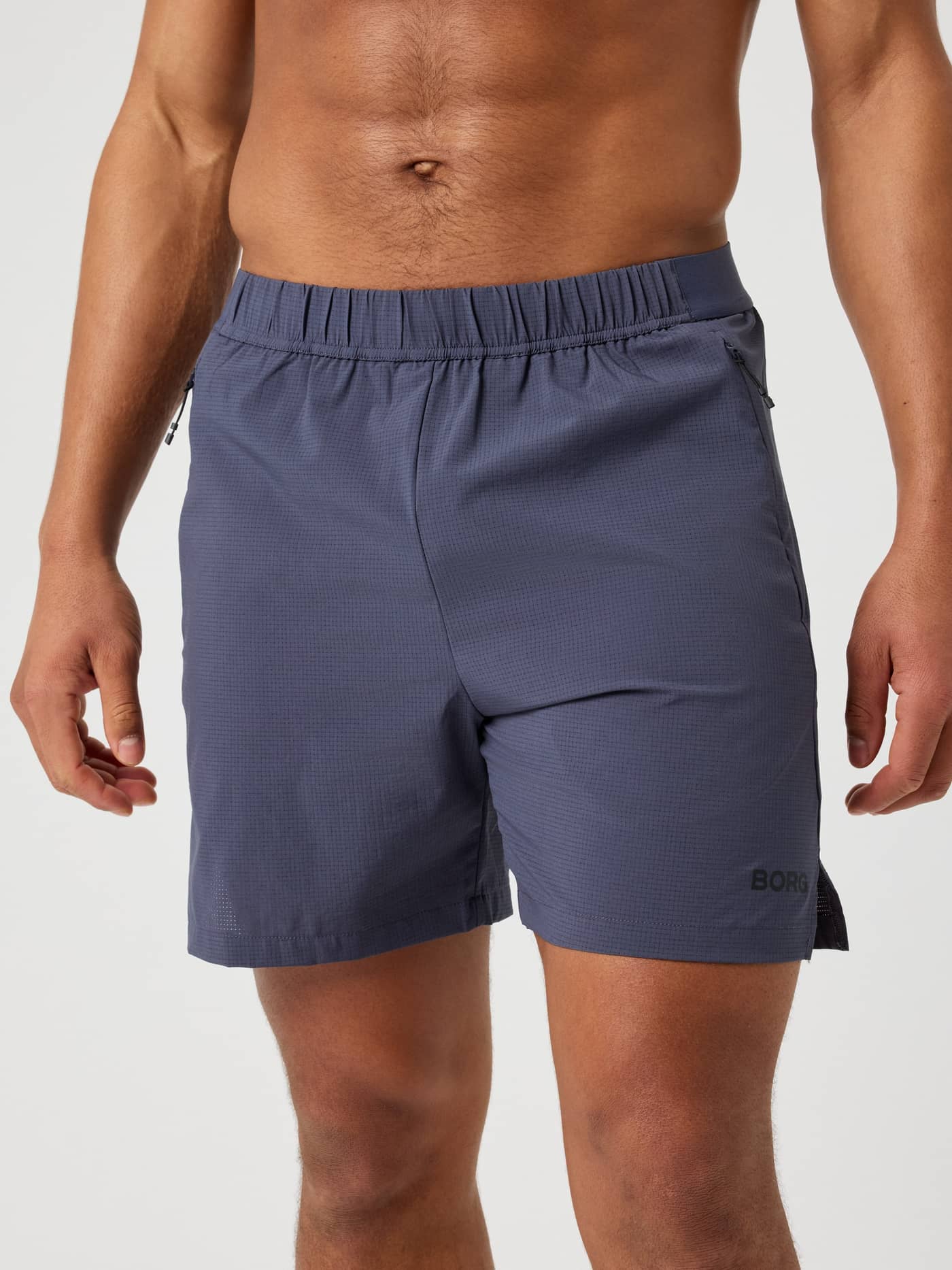 Borg Zip Shorts 7 Inch i Odyssey Gray (Blå) för herrar sedda framifrån med dragkedjefickor och svart logotyp för träning. - Image 1