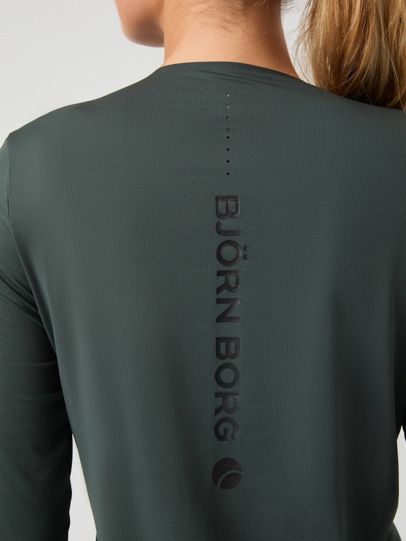 Back view of the Borg Running Feather Long Sleeve T-Shirt in Urban Chic (Green) showing the sleek fit and black logo. - Image 4