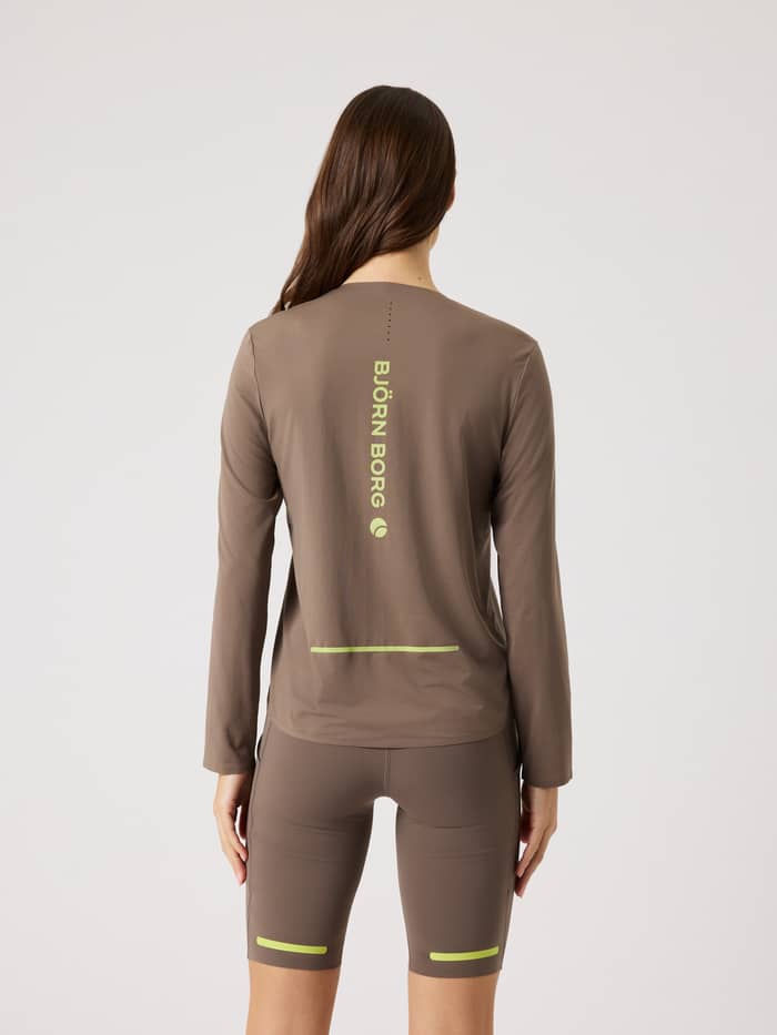 Borg Running Feather Long Sleeve T-Shirt in Falcon (Bruin) met regular fit en limegroen logo, achteraanzicht voor hardlopen. - Image 3