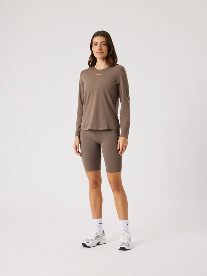 Borg Running Feather Long Sleeve T-Shirt in Falcon (Bruin) met lime logo en regular fit voor hardlopen, vooraanzicht. - Image 4