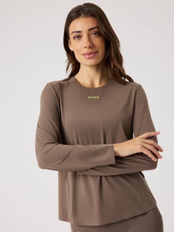 Vooraanzicht van het Borg Running Feather Long Sleeve T-Shirt in Falcon (Bruin) met een limoengroen logo voor hardlopen.