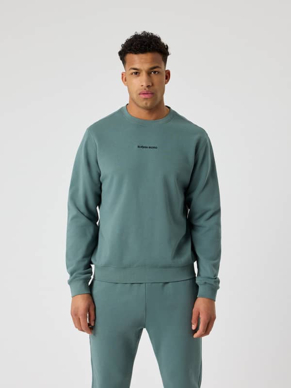 Vue de face d'un homme en Borg Classic Sweatshirt Balsam Green (Vert) en french terry de coton avec un logo noir.
