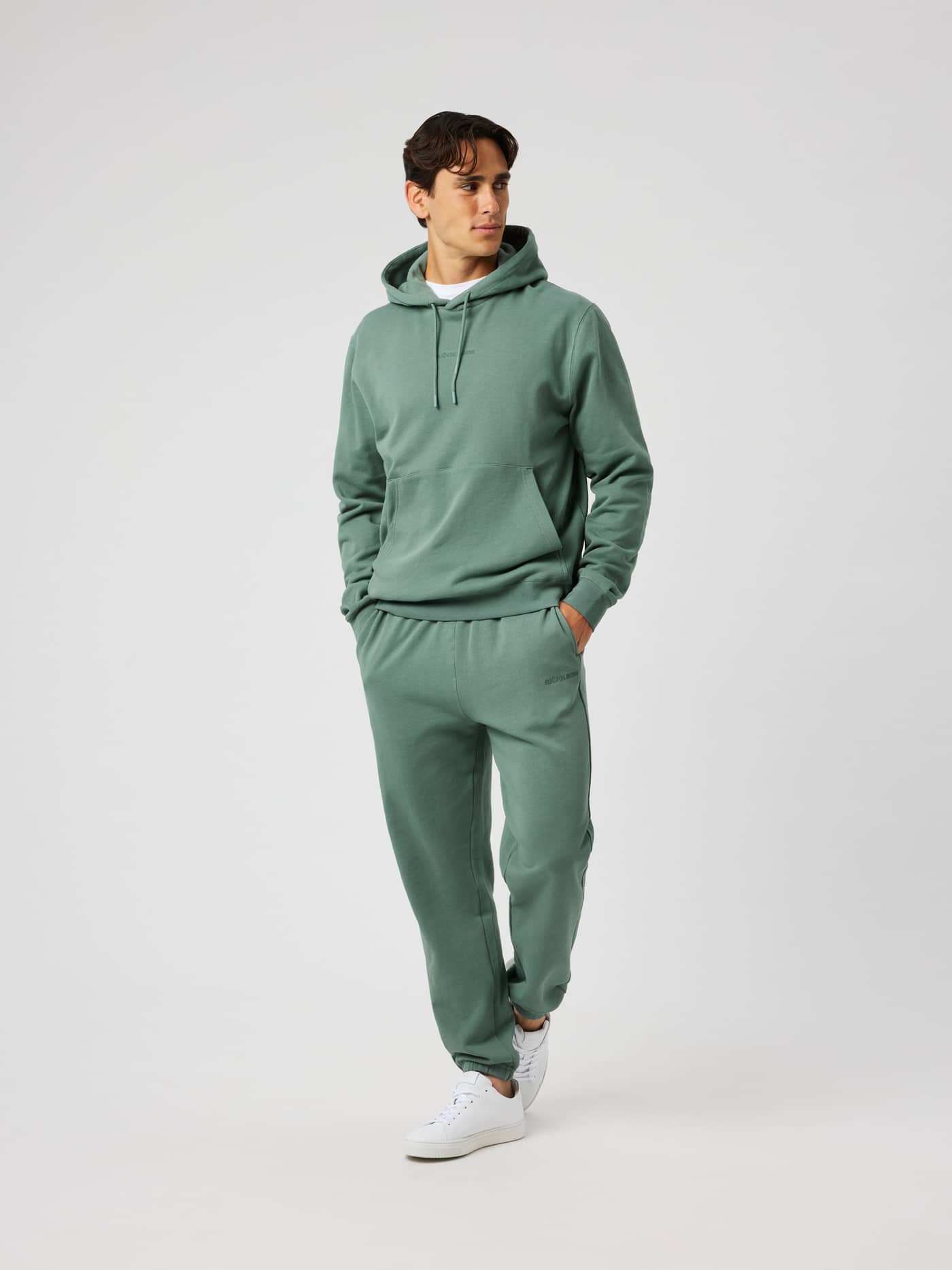 Front view of the Borg Classic Hoodie in Laurel Wreath (Green) featuring an adjustable hood and kangaroo pocket. - Image 4