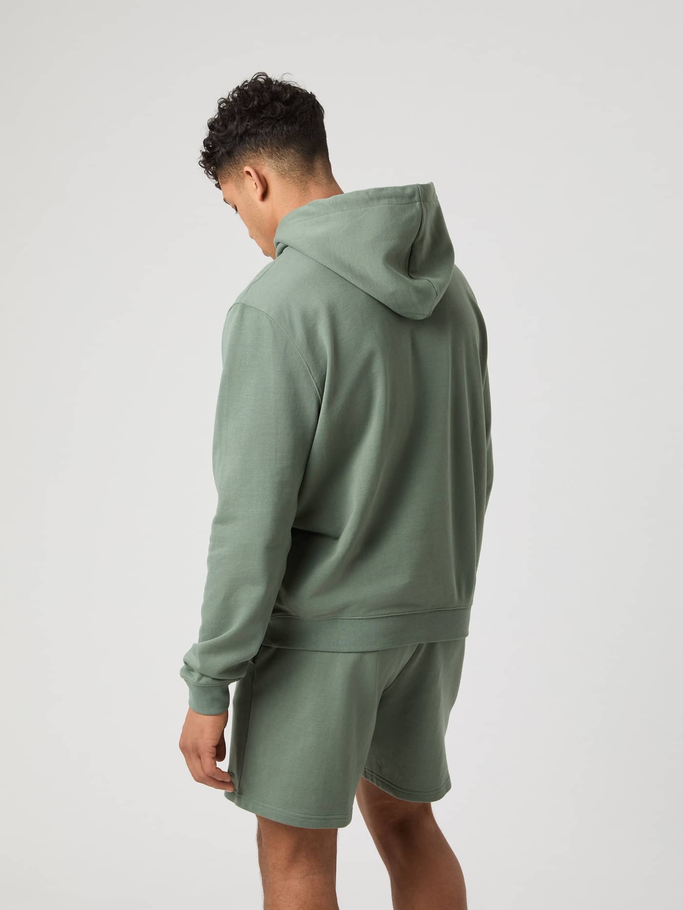 Rückansicht eines Mannes im Agave Green (Grün) Borg Classic Hoodie aus weichem French Terry für Stil und Funktion. - Image 2