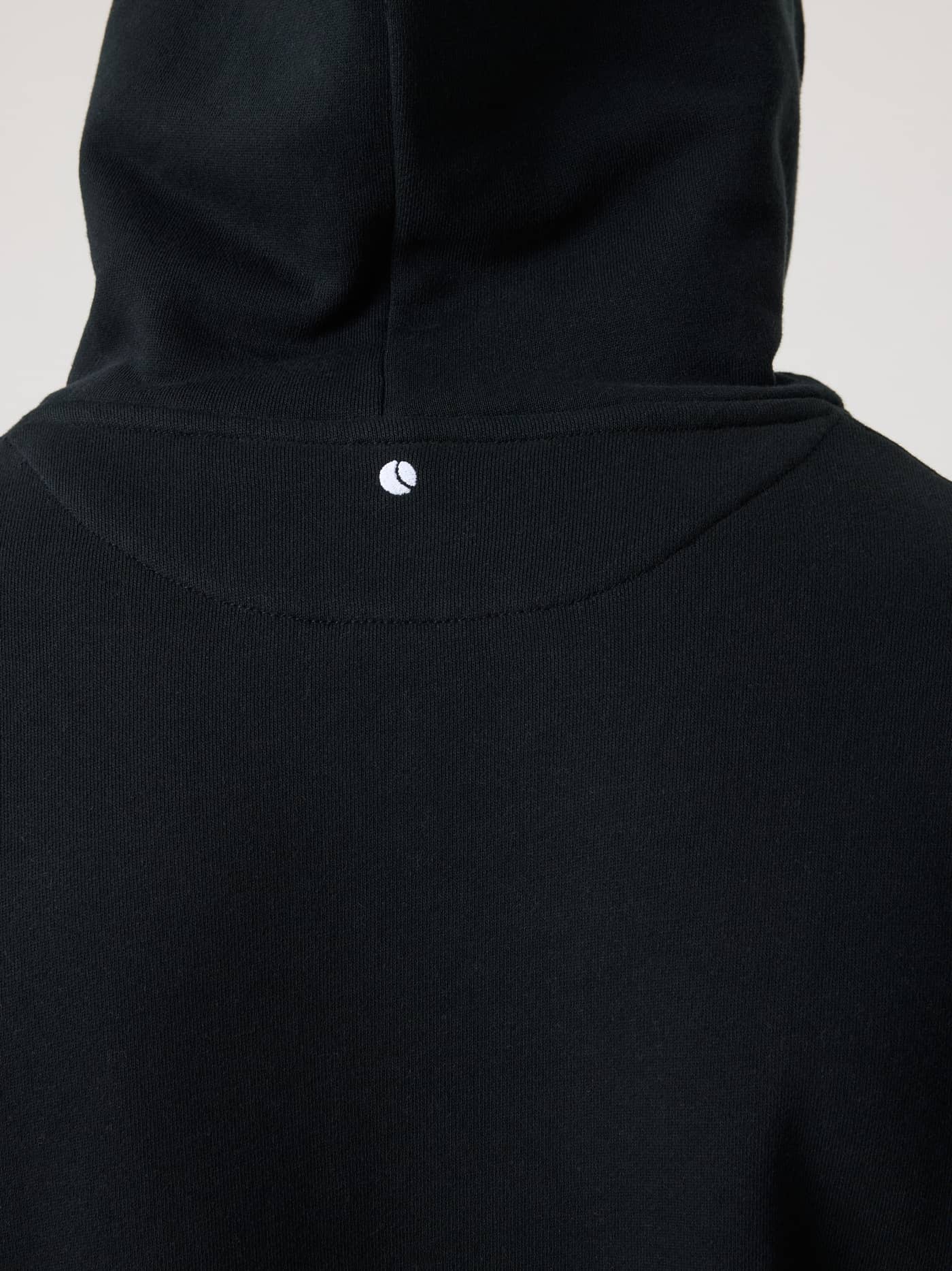 Back view of the stylish cotton Borg Classic Hoodie in Black Beauty (Black) featuring white tennis ball embroidery. - Image 5