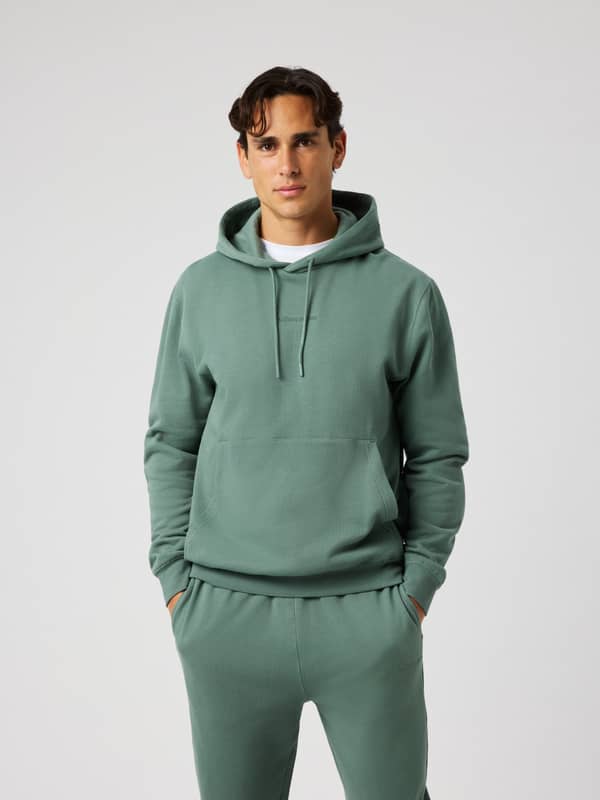 Man wearing the Borg Classic Hoodie in Laurel Wreath (green) featuring a matching logo for training.