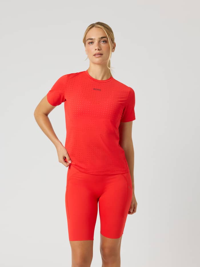 Borg Performance Perforated T-Shirt in Flame Scarlet (Red) for running and tennis, shown in a front view with a black logo.