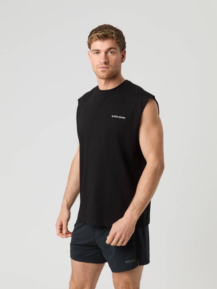 Borg Gym Sleeveless T-Shirt i Black Beauty (Sort) set forfra med hvidt logo til performance-træning.