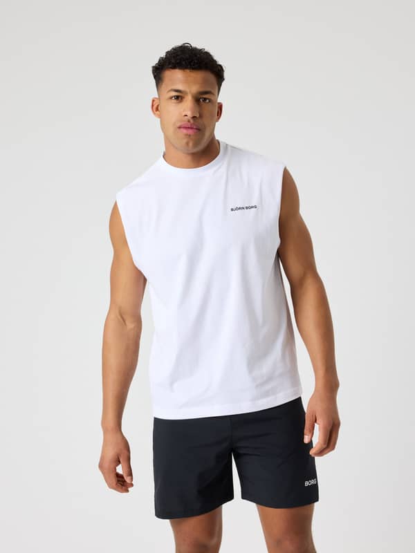 Vue de face d'un homme portant le Borg Gym Sleeveless T-Shirt en Brilliant White (Blanc) pour l'entraînement.
