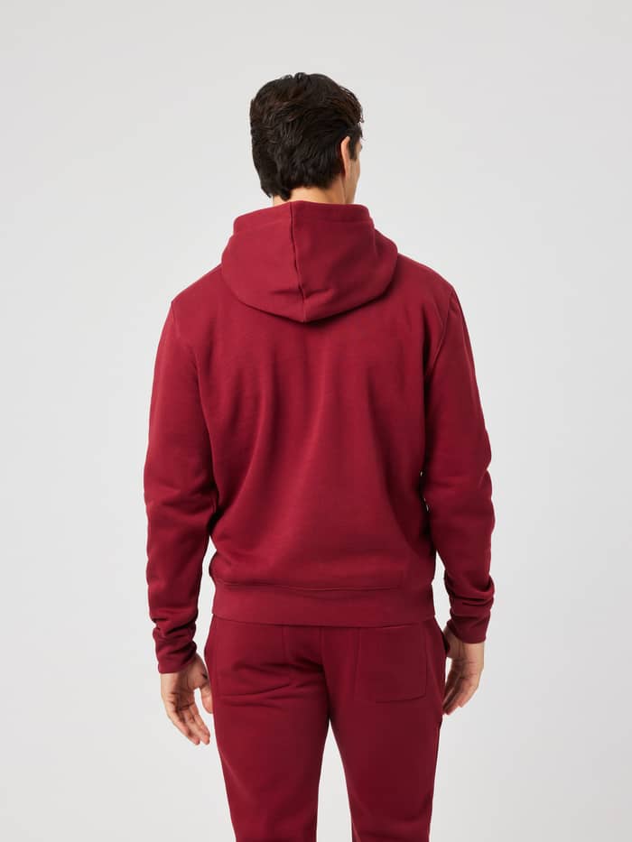Back view of the Centre Hoodie in Cabernet (Red) featuring a double layer hood for men.